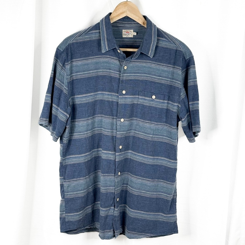Faherty The Breeze Shirt Mens Camp M Blue Stripe Hemp Tencel Slub MWS2118 EUC